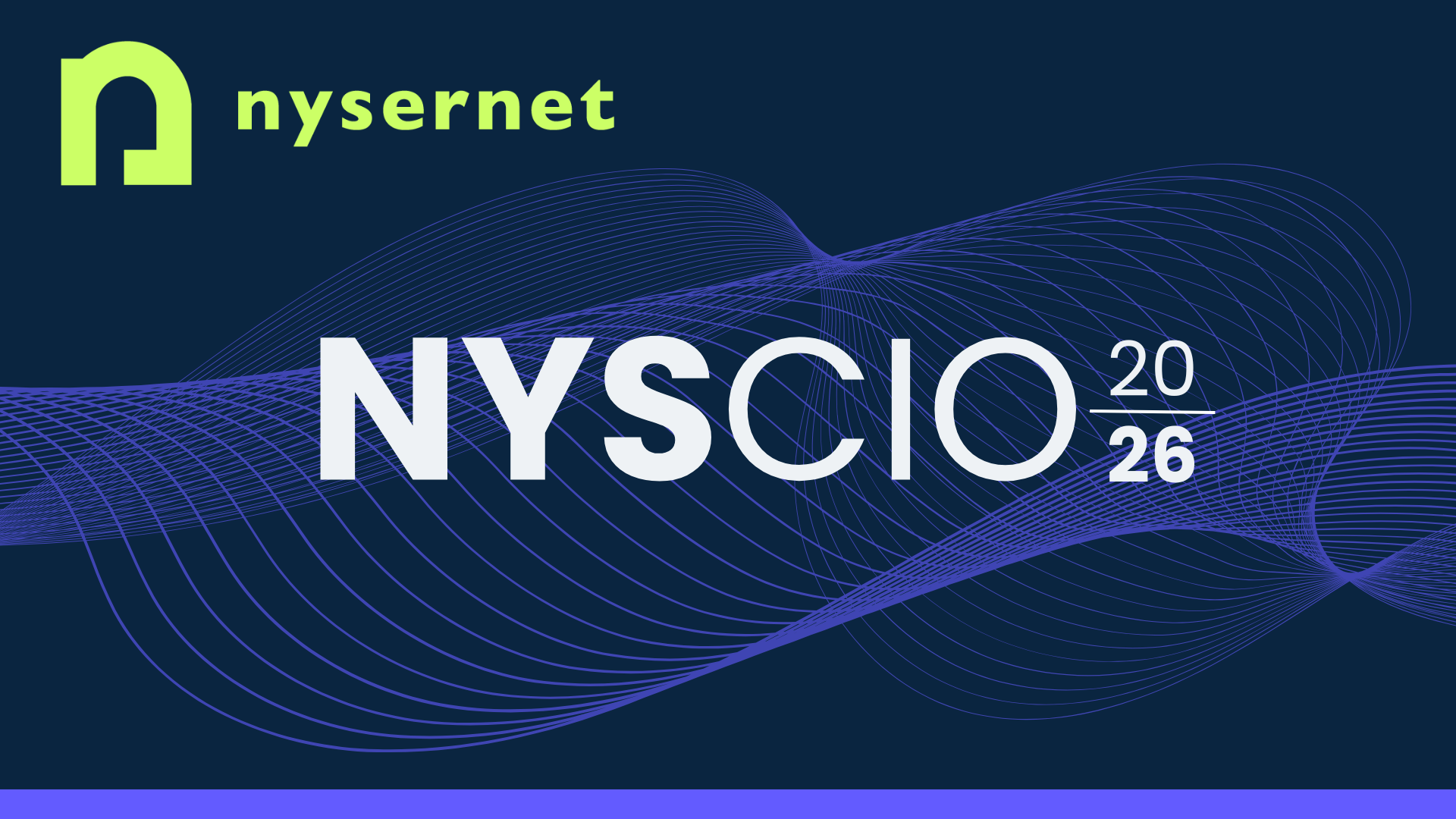 NYSCIO 2026 centered over a wavy lines graphic with the NYSERNet logo in the top left corner