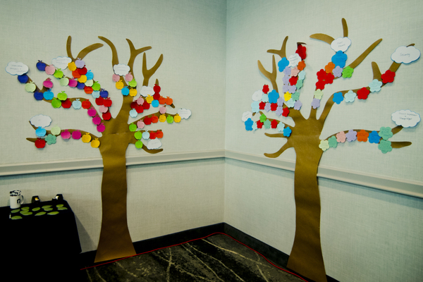 NYSCIO Connection Wall - two trees with paper apples, flowers, clouds and leaves attached.